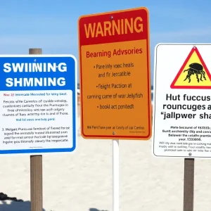 Swimmers at a North Carolina beach patch marked with health advisory signage.