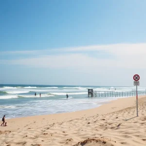 Families enjoying the beach in North Carolina with safety signs visible.