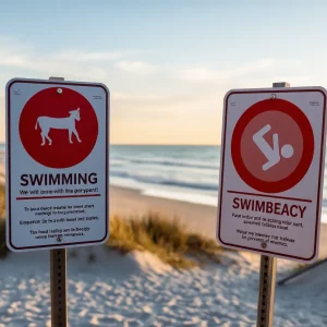 Coastal view of North Carolina with swimming advisory signs