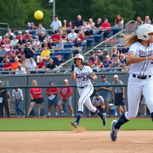 Collegiate softball players in action during a game.