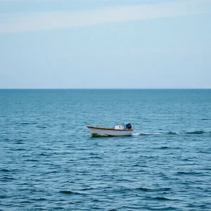 A peaceful ocean view with a single boat, representing loss.