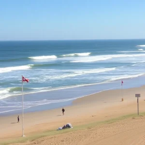 Beach hazard warning at Outer Banks with waves and lifeguard station