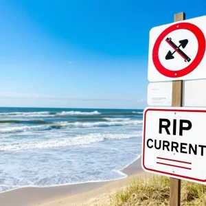 A warning sign for beach hazards in the Outer Banks with waves in the background.
