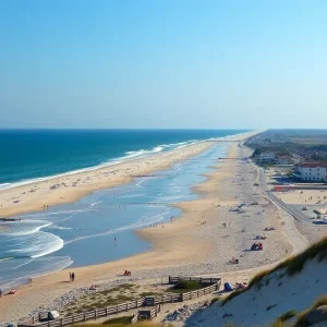 Scenic beach view of Outer Banks during summer with tourists.