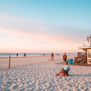 Community gathering at the Outer Banks beach, representing local businesses and support.