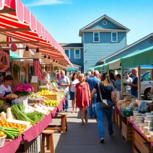 A bustling farmers market in Outer Banks showcasing fresh produce and handmade goods.