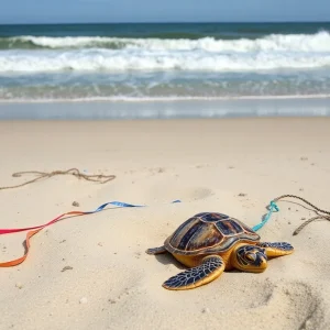 A marked sea turtle nest on the Outer Banks with ocean in the background