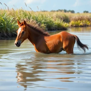 A newborn wild foal being rescued from a canal in Carova, Outer Banks.