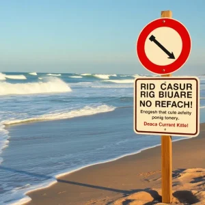 Beach with rip current hazard sign and strong waves in the Northern Outer Banks