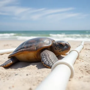 Sea turtle nest protected with PVC pipes and bright tape on Outer Banks beach.