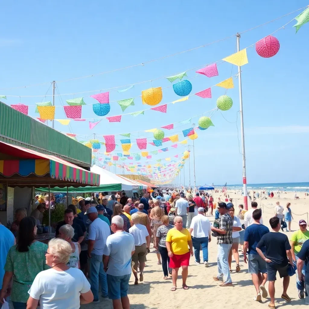 A community festival in the Outer Banks featuring colorful stalls and excited participants.