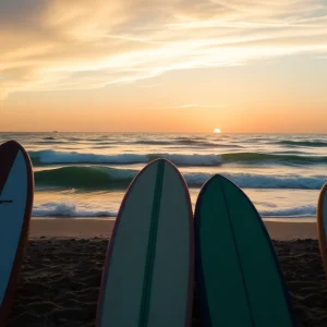 A beautiful sunset over the ocean with surfboards on the beach