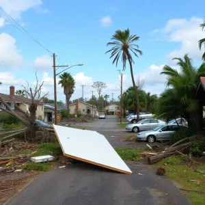 Aftermath of an EF-0 tornado in Wanchese showing damage to homes and trees.