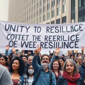 A diverse group of supporters at a political rally promoting unity.