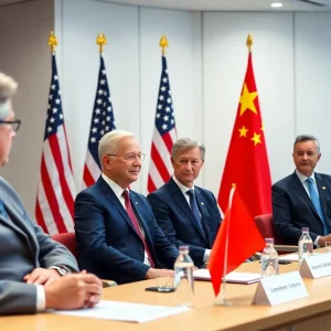 Trade officials meeting in Switzerland with US and China flags.