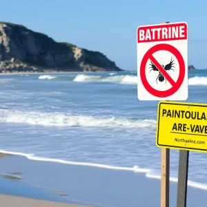 Warning signs at Wilmington beach regarding health risks.