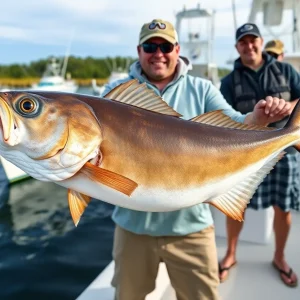 A large almaco jack showcased at the marina in North Carolina