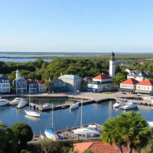 Coastal view of Beaufort North Carolina with historic buildings and boats
