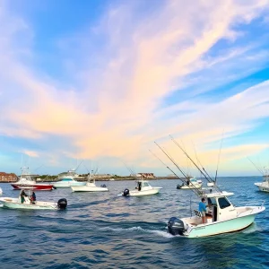Scenic view of fishing boats during the Big Rock Blue Marlin Tournament in Morehead City, North Carolina.