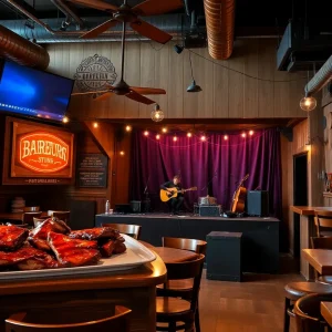 Interior of Brothers Barbecue restaurant with barbecue dishes and a stage