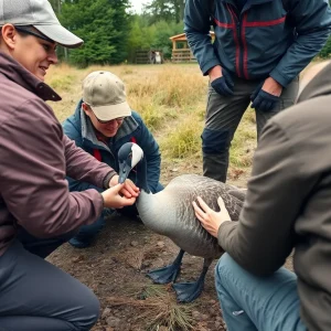 Volunteers assisting an injured Canada goose during a rescue operation.