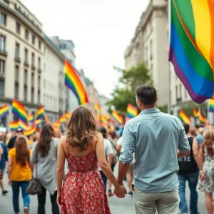 Diverse couples celebrating same-sex marriage in a city square