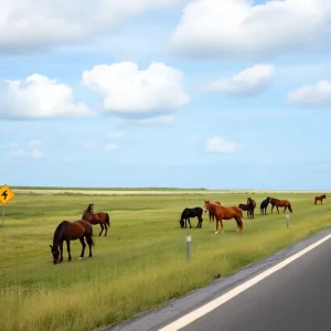 Wild horses grazing in Corolla, NC with safety signs nearby