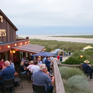 View of a craft brewery in the Outer Banks with outdoor seating and people.