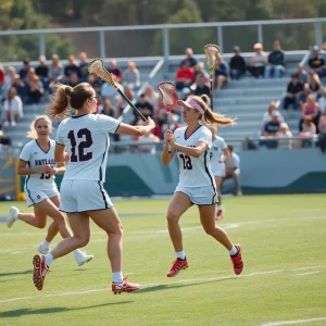 Duke women's lacrosse players competing in a match.