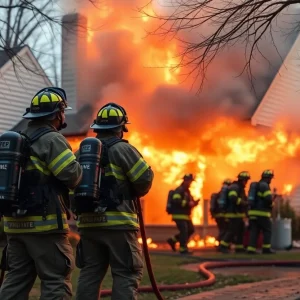 Firefighters using hoses against flames on a house
