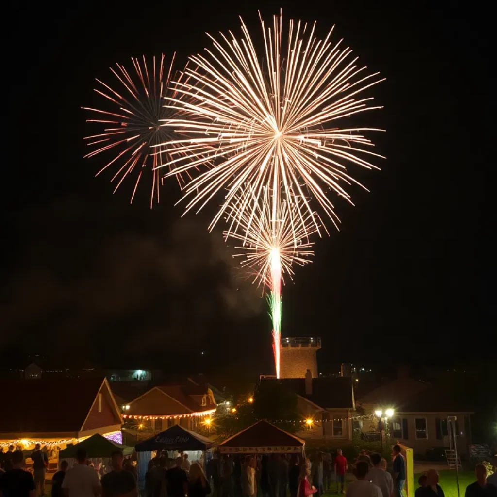 Colorful fireworks over a North Carolina town during Fourth of July celebrations