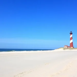A scenic view of Hatteras Island with its sandy beaches and lighthouse.