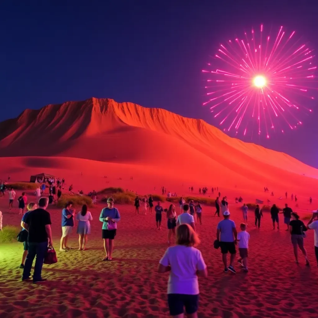 Celebration at Jockey's Ridge State Park with sand dunes and families