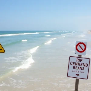 Safety signs on Outer Banks beach warning of rip currents