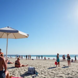 Crowded Outer Banks beach during extreme heat wave with lifeguards and sun umbrellas