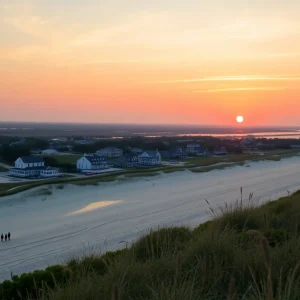 A sunset over the beaches of the Outer Banks, showcasing tranquil waters and picturesque coastal scenery.