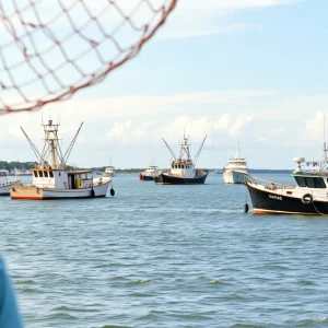 Fishing boats in Pamlico Sound highlighting shrimping activities