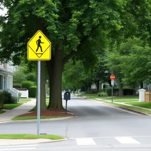 A residential street with pedestrian safety signs and a mailbox.