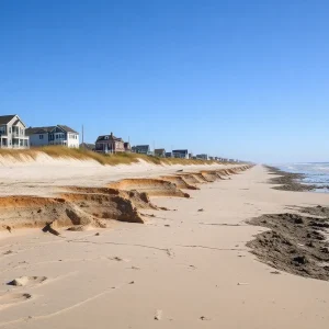 Eroded coastline in Rodanthe, N.C. with remnants of homes