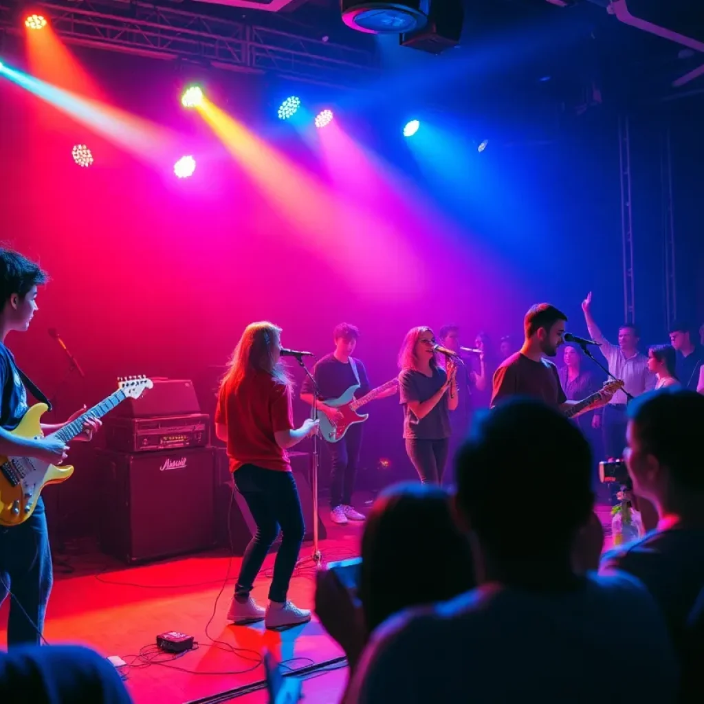 A lively performance by The Runarounds band with an audience enjoying the music.