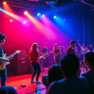 A lively performance by The Runarounds band with an audience enjoying the music.