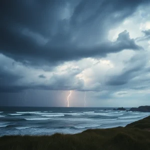 Dramatic storm clouds with lightning over North Carolina coastline