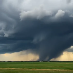 Dark storm clouds and tornado over Midwest landscape