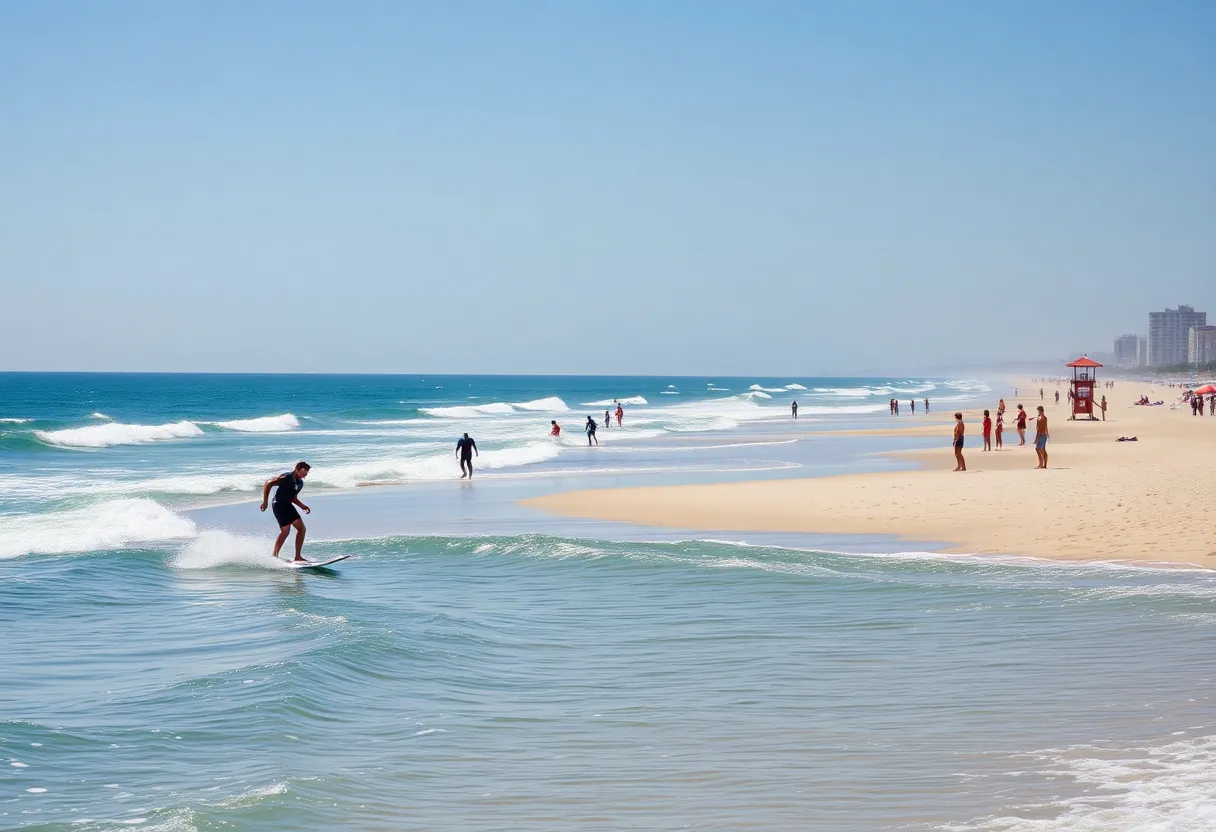 Teen skimboarding on a beach with lifeguards present