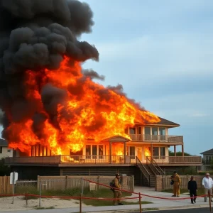 Oceanfront vacation rental engulfed in fire and smoke.