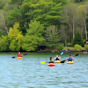 People kayaking on a calm river surrounded by lush greenery on the East Coast.