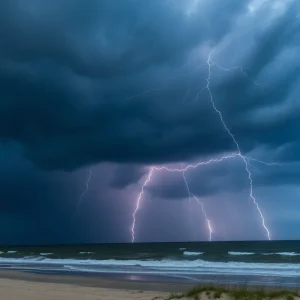 Severe thunderstorm with lightning above the Outer Banks beach