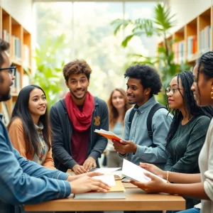 Diverse university students in a discussion at a campus setting