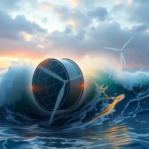 An illustration of wave energy converters harnessing energy from ocean waves.