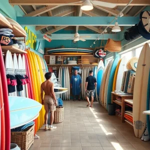 Exterior view of Whalebone Surf Shop with surfers and surfboards